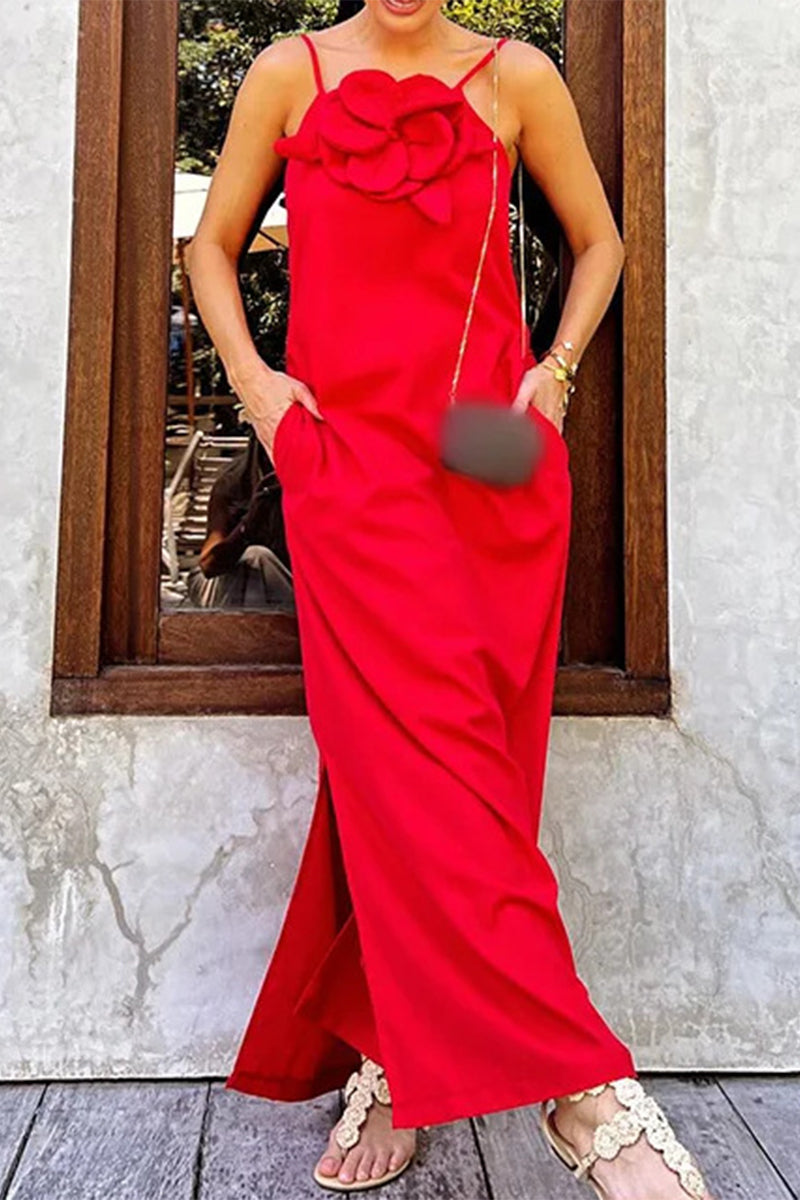 Flora® | Casual Street Solid Floral Pocket Slit Sling Dresses
