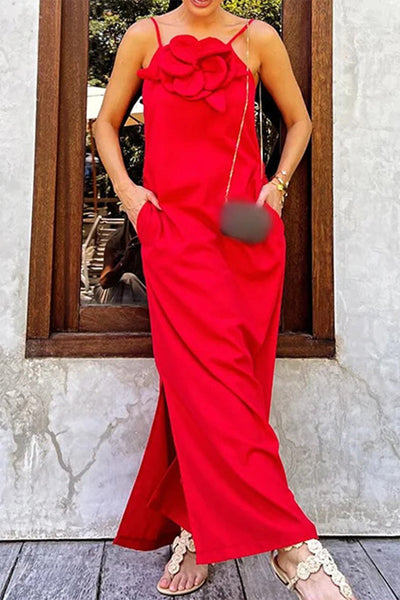 Flora® | Casual Street Solid Floral Pocket Slit Sling Dresses