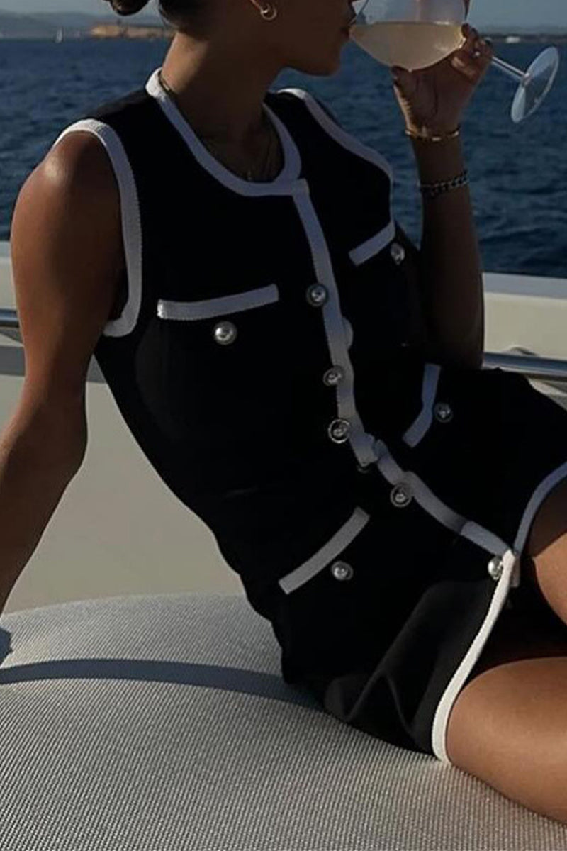 Fabiana® | Sexy celebrity dresses with solid color buttons and beaded O-neck and wrap skirt
