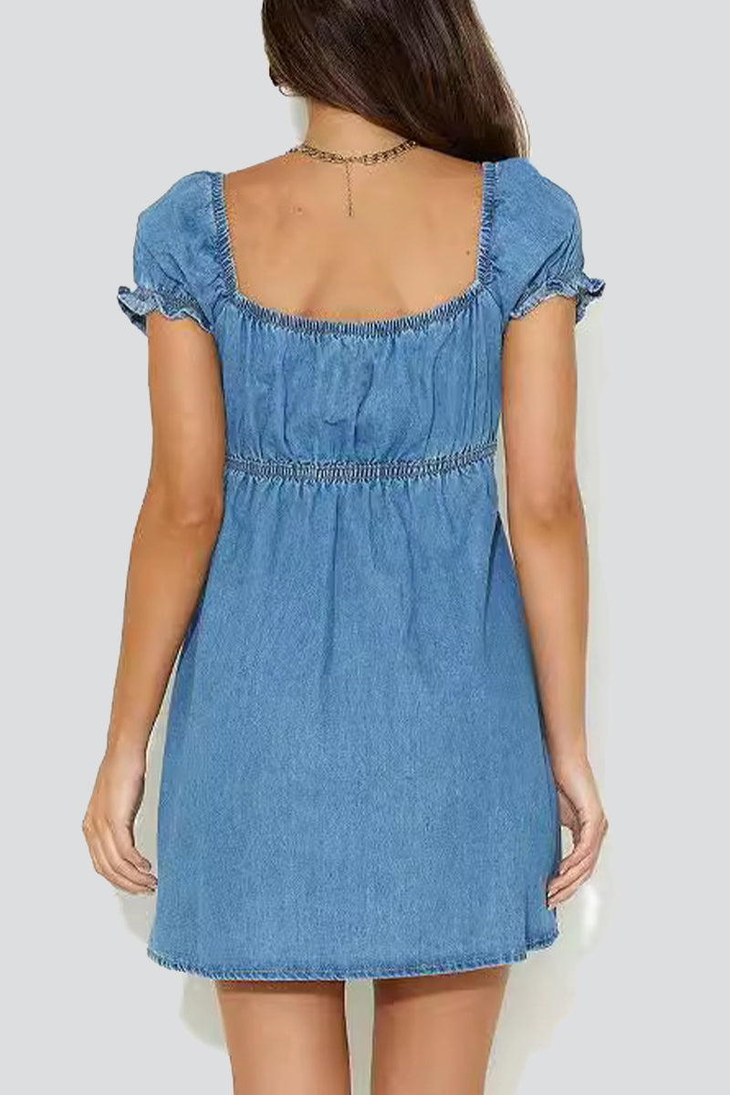 Elvia® | Casual Street Wear Hollow Out V Neck Short Sleeve Denim Dresses