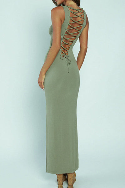 Clara® | Sexy solid cross straps O-neck one-step skirt dresses