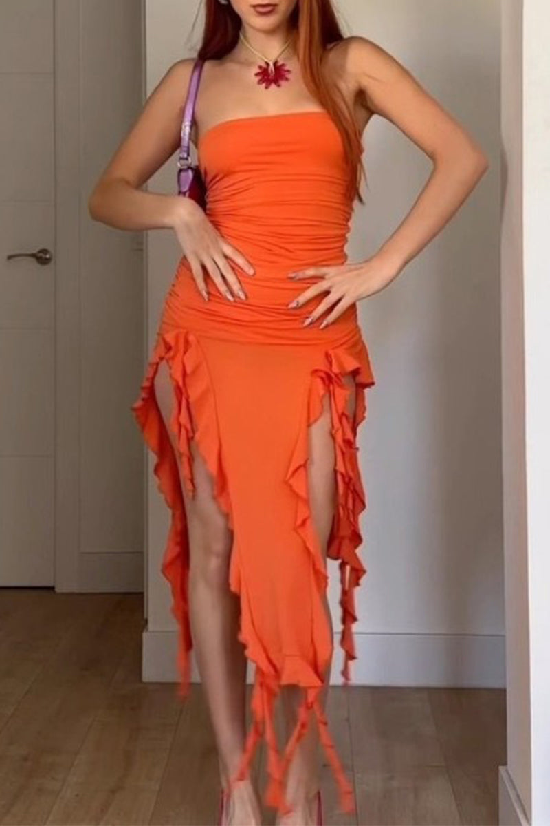Camila® | Sexy solid color strapless irregular dresses with ruffle and slit
