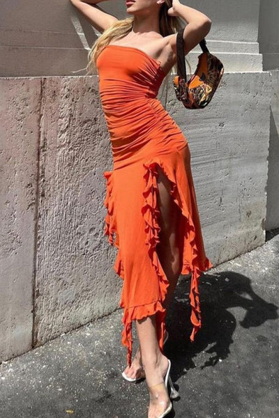 Camila® | Sexy solid color strapless irregular dresses with ruffle and slit