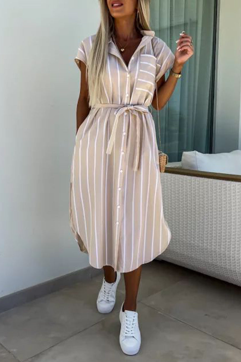 Delia® | Elegant striped shirt dresses with bandage and pocket buckle and turn-down collar