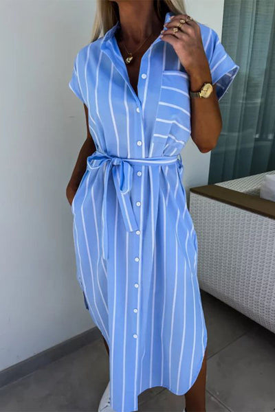 Delia® | Elegant striped shirt dresses with bandage and pocket buckle and turn-down collar