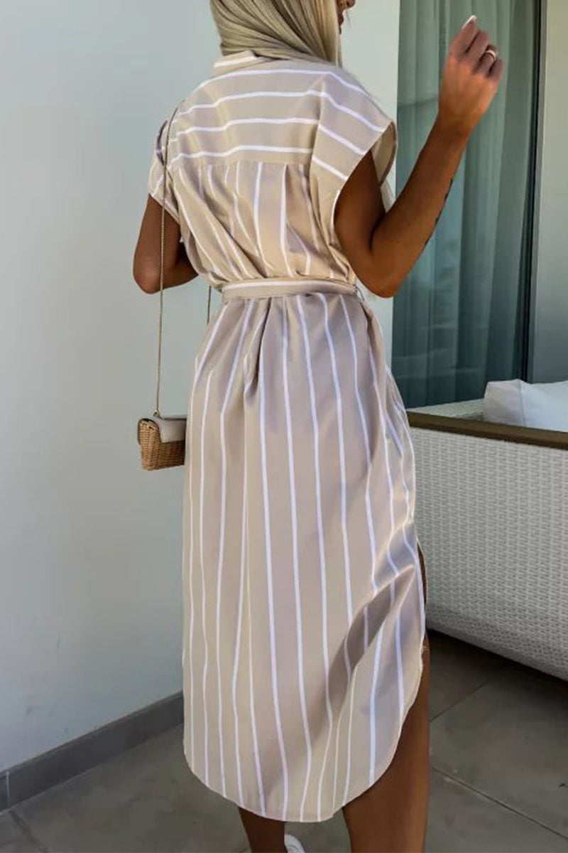 Delia® | Elegant striped shirt dresses with bandage and pocket buckle and turn-down collar