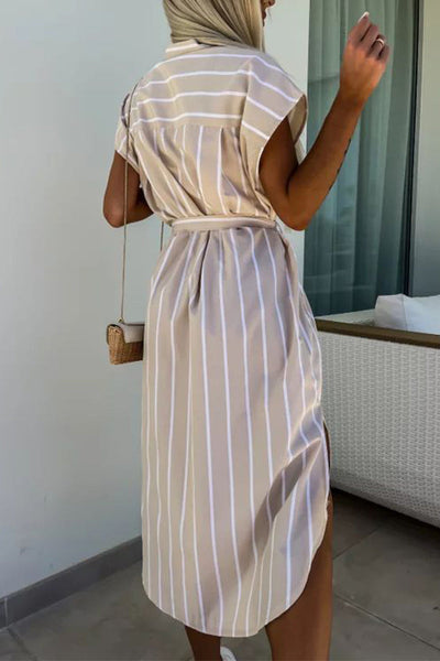 Delia® | Elegant striped shirt dresses with bandage and pocket buckle and turn-down collar