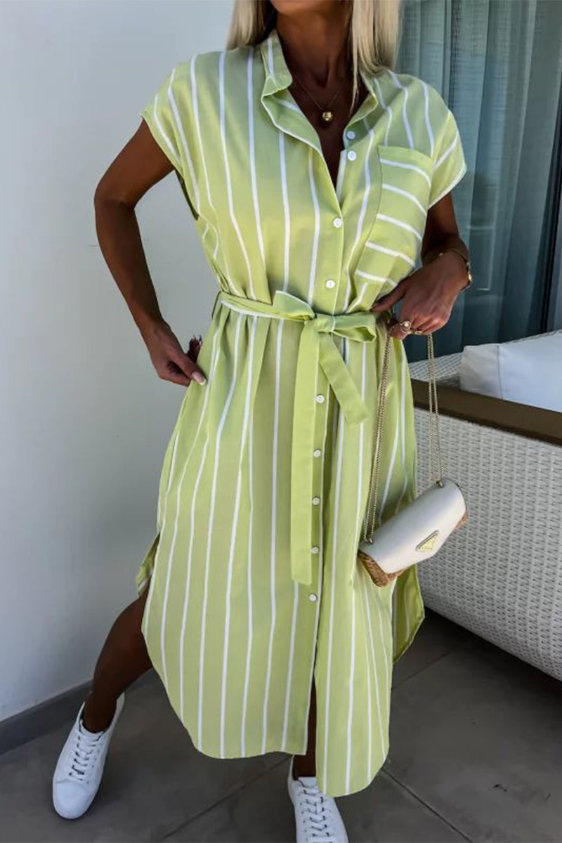 Delia® | Elegant striped shirt dresses with bandage and pocket buckle and turn-down collar