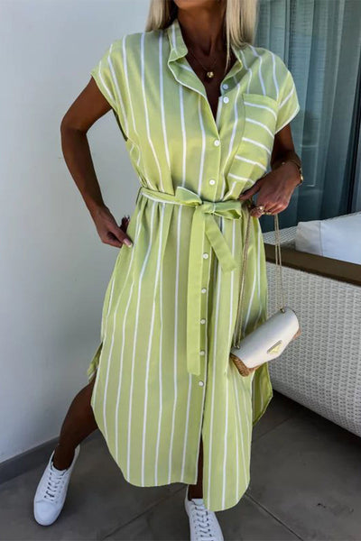 Delia® | Elegant striped shirt dresses with bandage and pocket buckle and turn-down collar