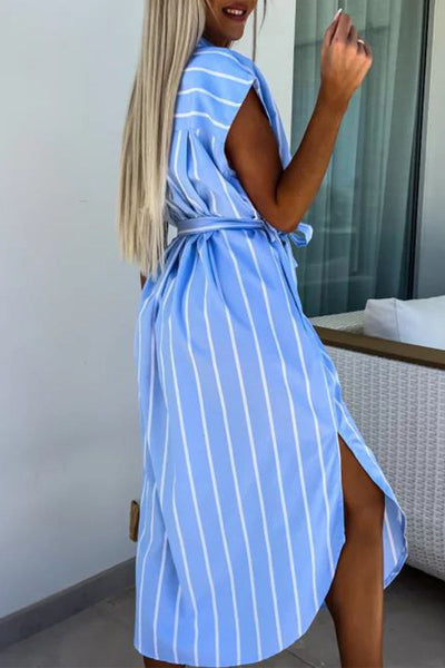 Delia® | Elegant striped shirt dresses with bandage and pocket buckle and turn-down collar