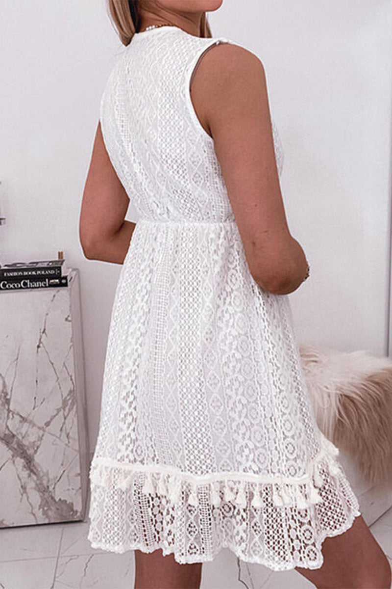 Aurora® | Sweet Elegant Solid Color Hollow Out V-Neck Lace Sleeveless Dresses (Without Rope)