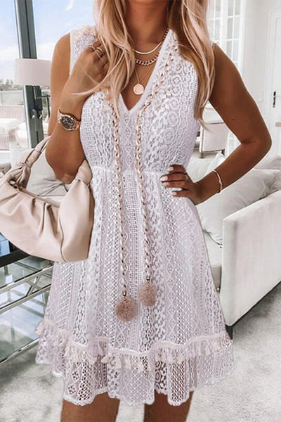 Aurora® | Sweet Elegant Solid Color Hollow Out V-Neck Lace Sleeveless Dresses (Without Rope)