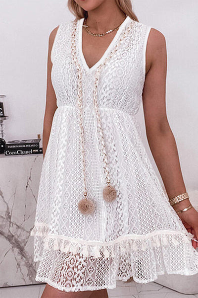 Aurora® | Sweet Elegant Solid Color Hollow Out V-Neck Lace Sleeveless Dresses (Without Rope)