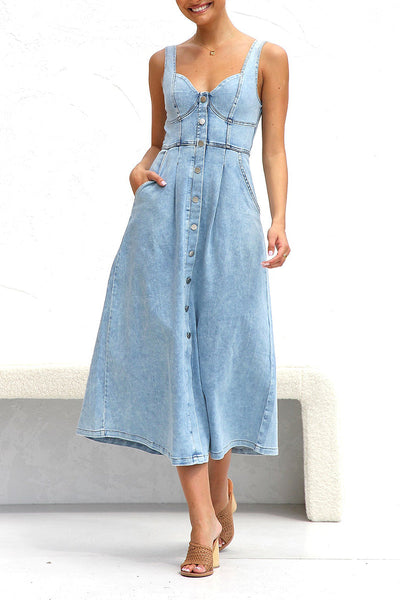 Angeline's® | Elegant solid color sleeveless loose denim dresses with pocket buckle and V-neck