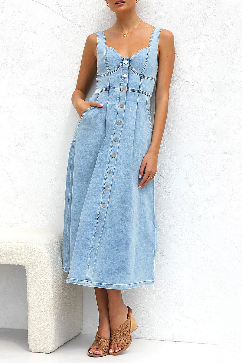Angeline's® | Elegant solid color sleeveless loose denim dresses with pocket buckle and V-neck