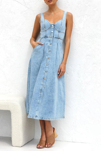 Angeline's® | Elegant solid color sleeveless loose denim dresses with pocket buckle and V-neck