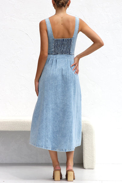 Angeline's® | Elegant solid color sleeveless loose denim dresses with pocket buckle and V-neck