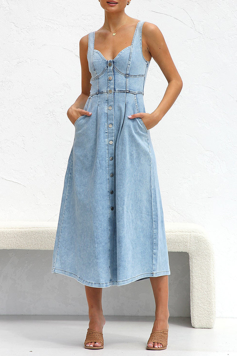 Angeline's® | Elegant solid color sleeveless loose denim dresses with pocket buckle and V-neck