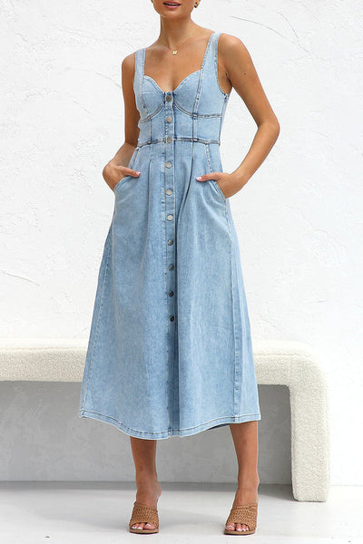 Angeline's® | Elegant solid color sleeveless loose denim dresses with pocket buckle and V-neck
