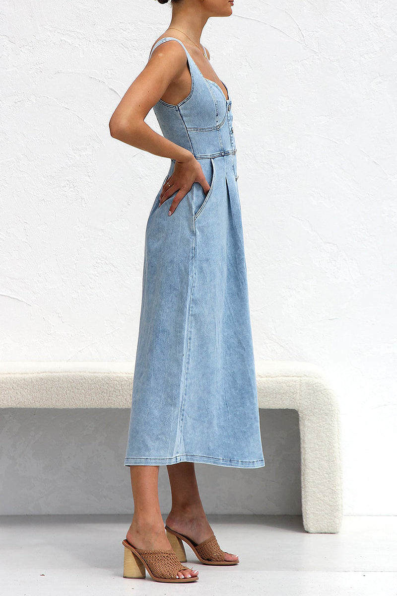 Angeline's® | Elegant solid color sleeveless loose denim dresses with pocket buckle and V-neck