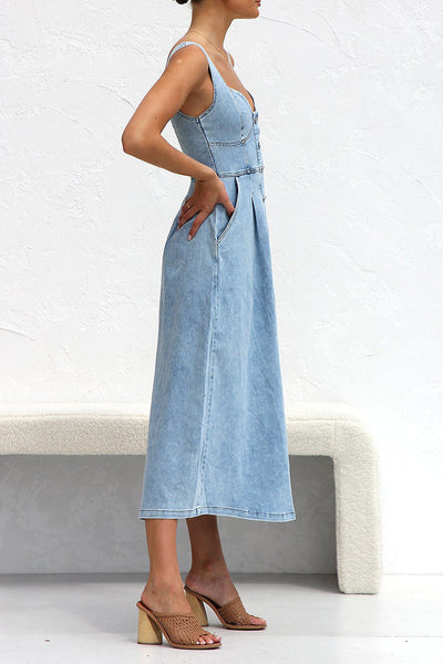 Angeline's® | Elegant solid color sleeveless loose denim dresses with pocket buckle and V-neck