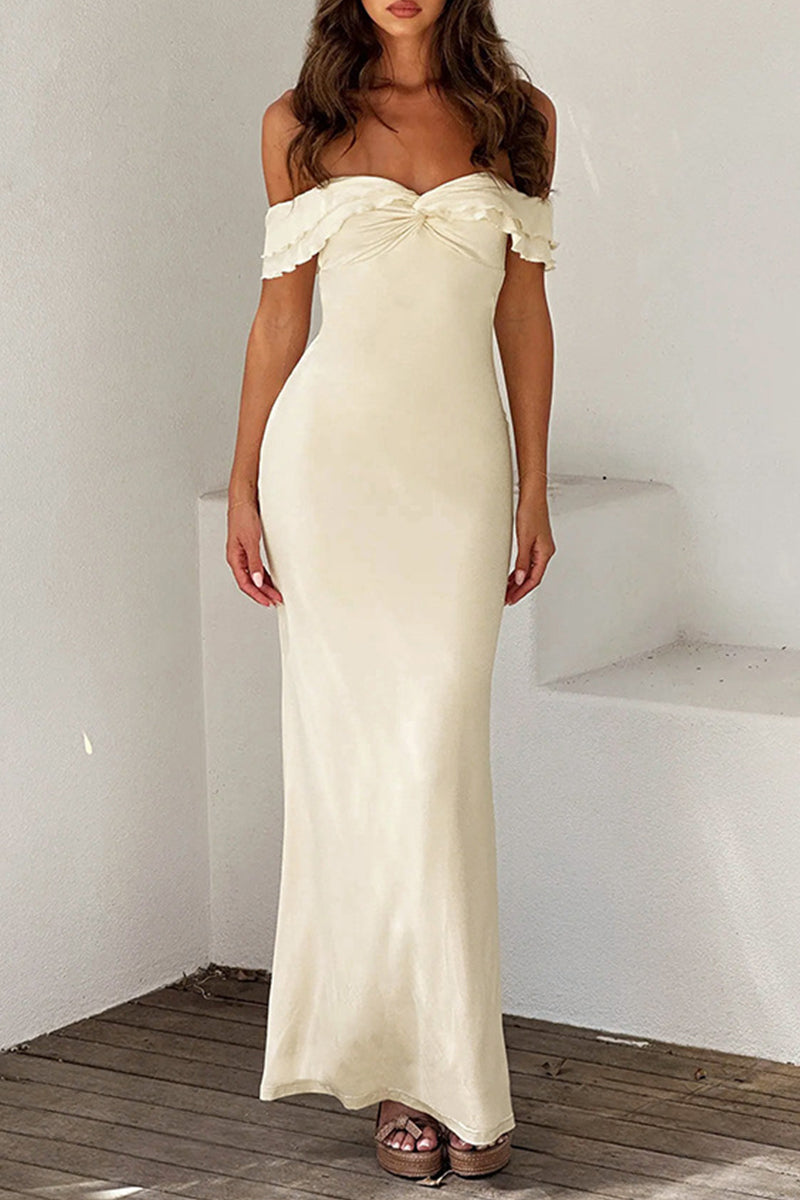 Amalia® | Sexy solid color off-the-shoulder one-step skirt dresses with thready selvedge
