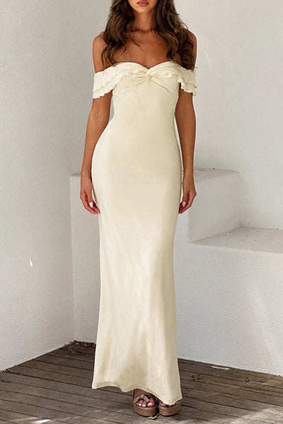 Amalia® | Sexy solid color off-the-shoulder one-step skirt dresses with thready selvedge