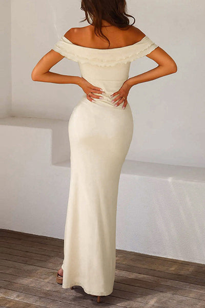Amalia® | Sexy solid color off-the-shoulder one-step skirt dresses with thready selvedge