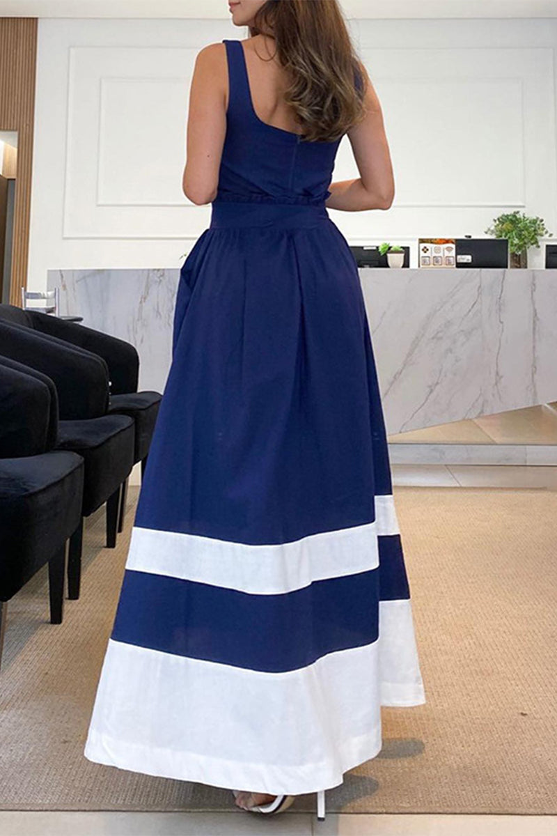 Agustina® | Casual striped patchwork sling dresses with square collar