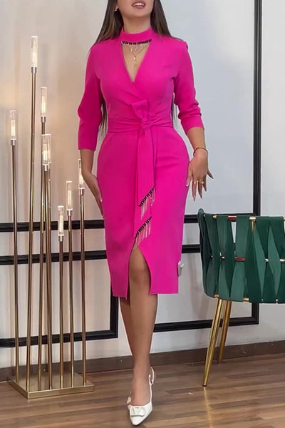 Yessica® | Elegant solid color irregular dresses with hollow out slit and half turtleneck