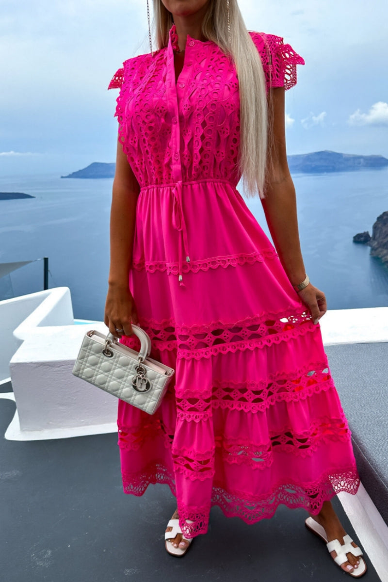 Simona® | Casual solid patchwork button down long O-neck dresses
