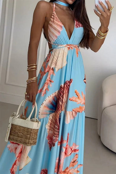 Selena® | Sexy holiday print frenulum backless halterneck dresses