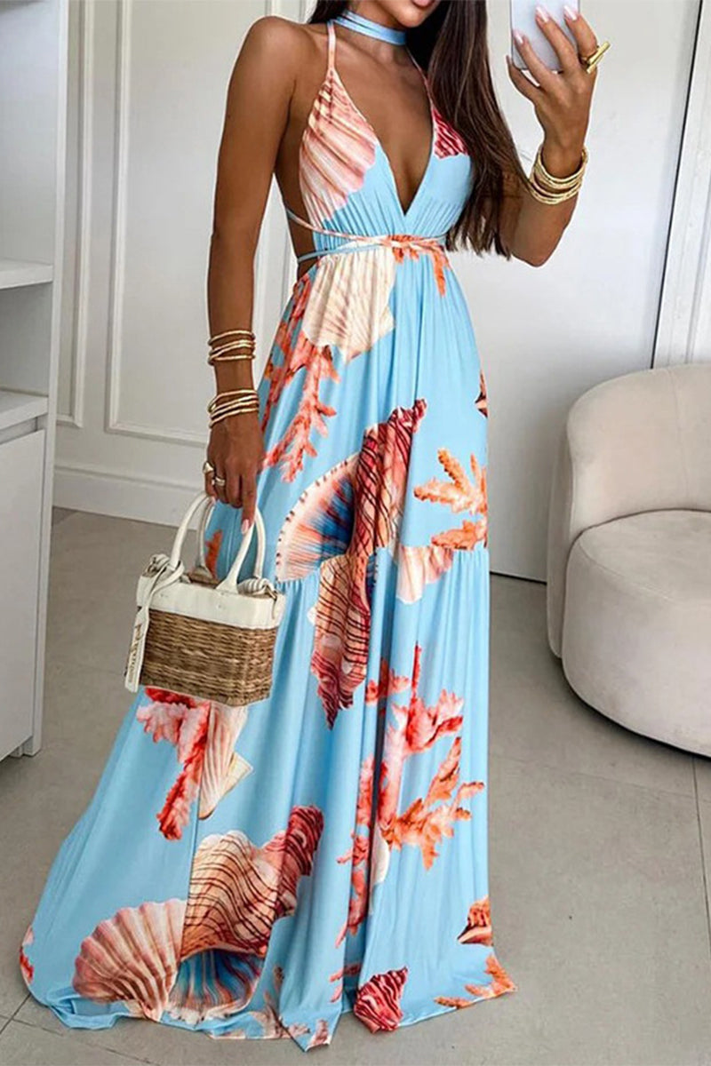 Selena® | Sexy holiday print frenulum backless halterneck dresses