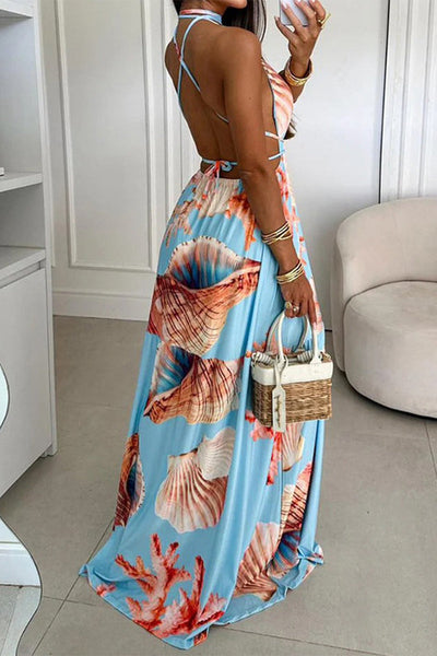 Selena® | Sexy holiday print frenulum backless halterneck dresses