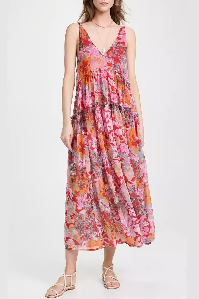 Solange® | Casual sleeveless dresses with floral pleats and V-neck