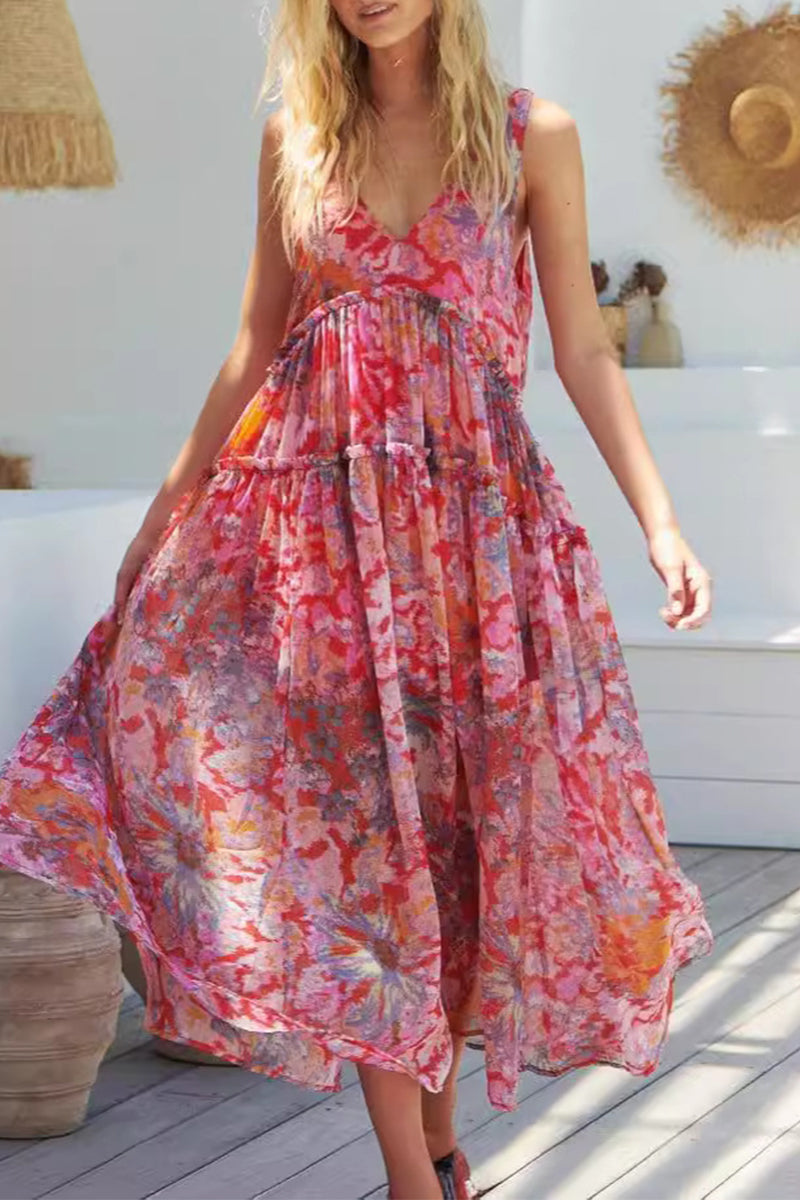 Solange® | Casual sleeveless dresses with floral pleats and V-neck
