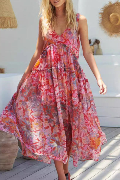 Solange® | Casual sleeveless dresses with floral pleats and V-neck