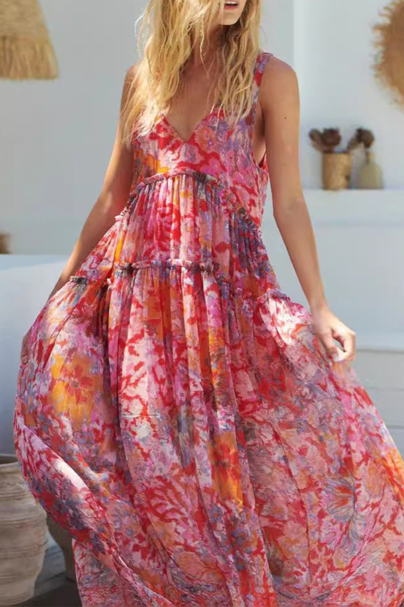 Solange® | Casual sleeveless dresses with floral pleats and V-neck
