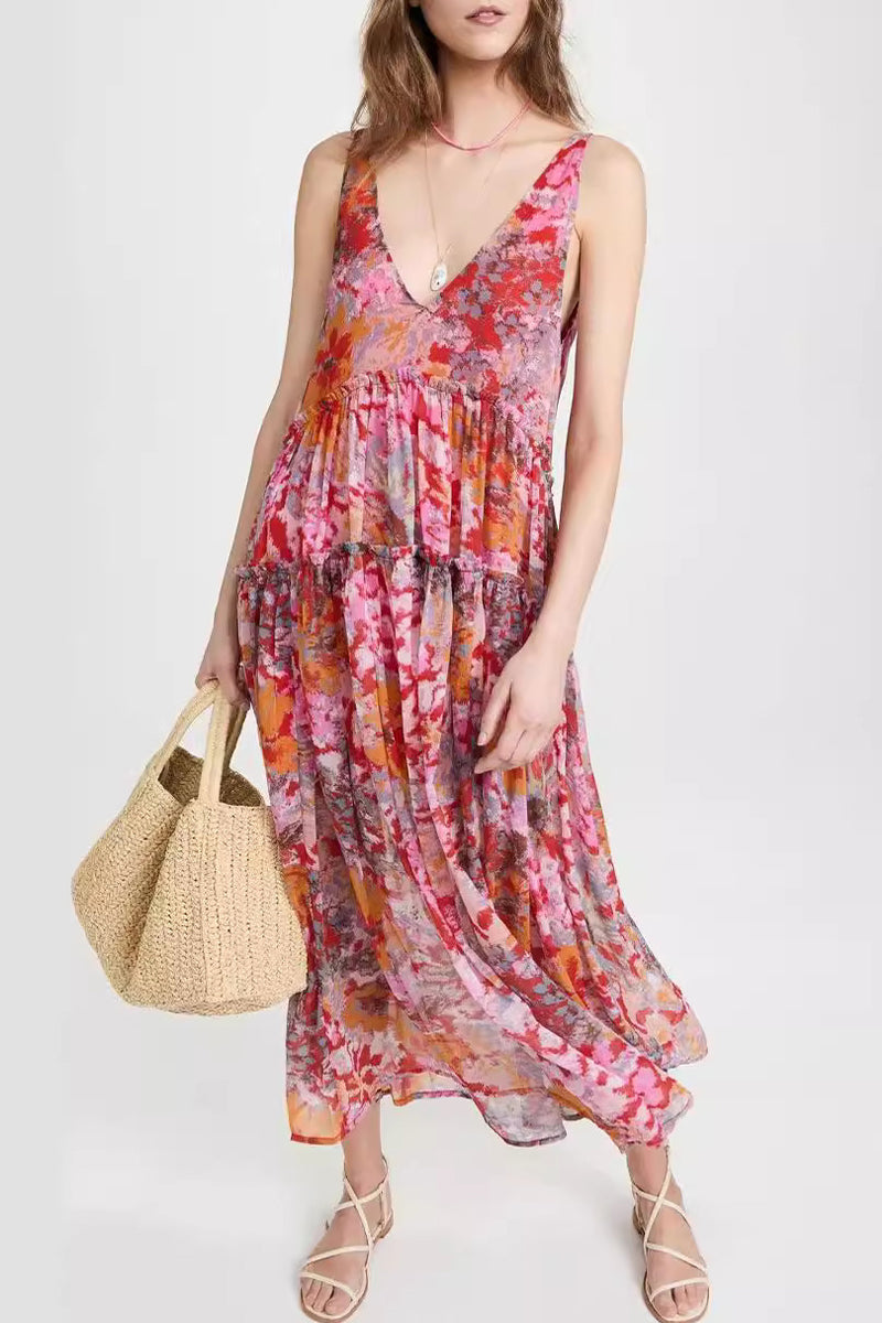 Solange® | Casual sleeveless dresses with floral pleats and V-neck
