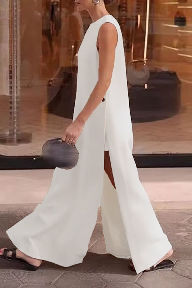 Salomé® | Casual simple solid color sleeveless dresses with slit and O-neck
