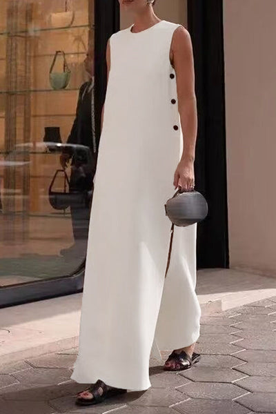 Salomé® | Casual simple solid color sleeveless dresses with slit and O-neck