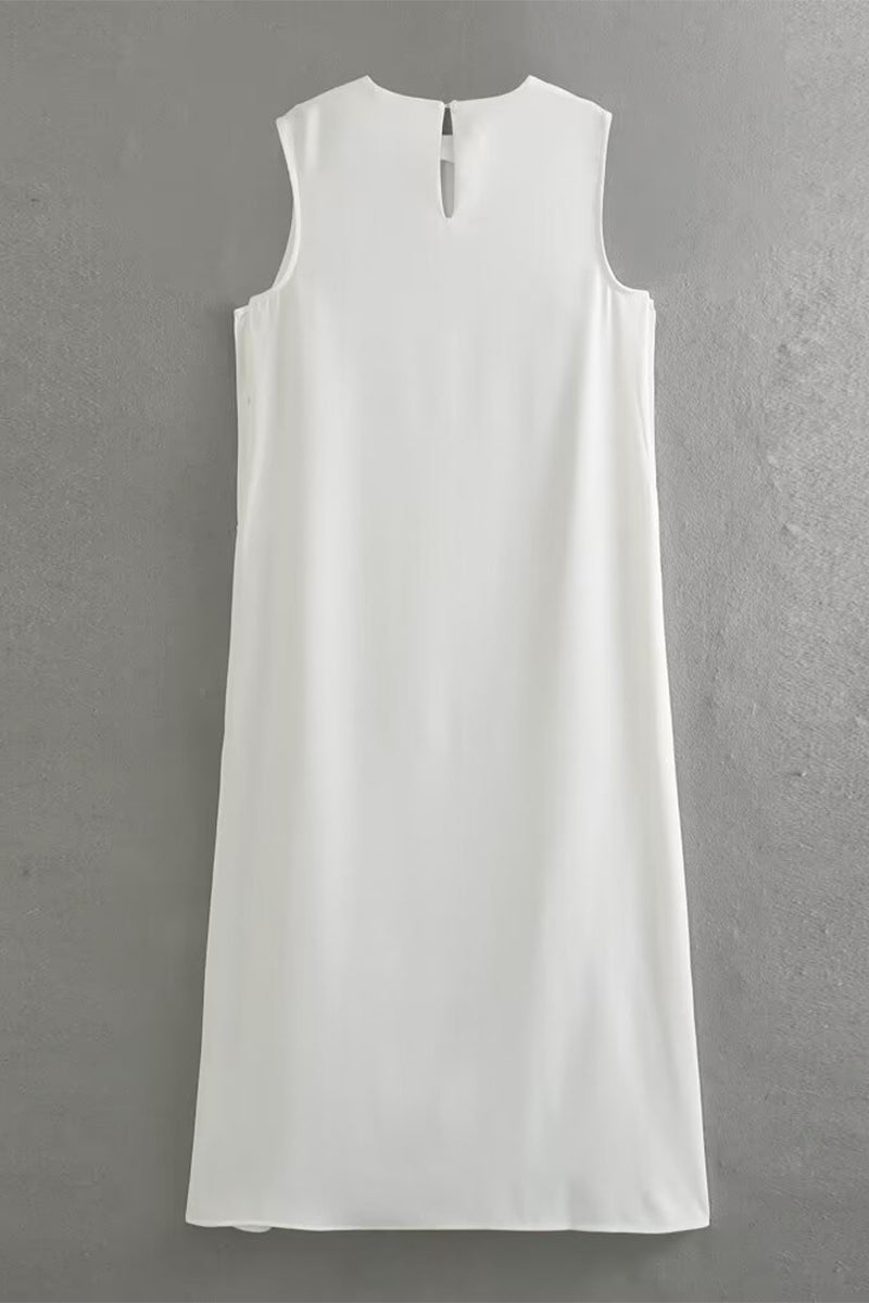 Salomé® | Casual simple solid color sleeveless dresses with slit and O-neck