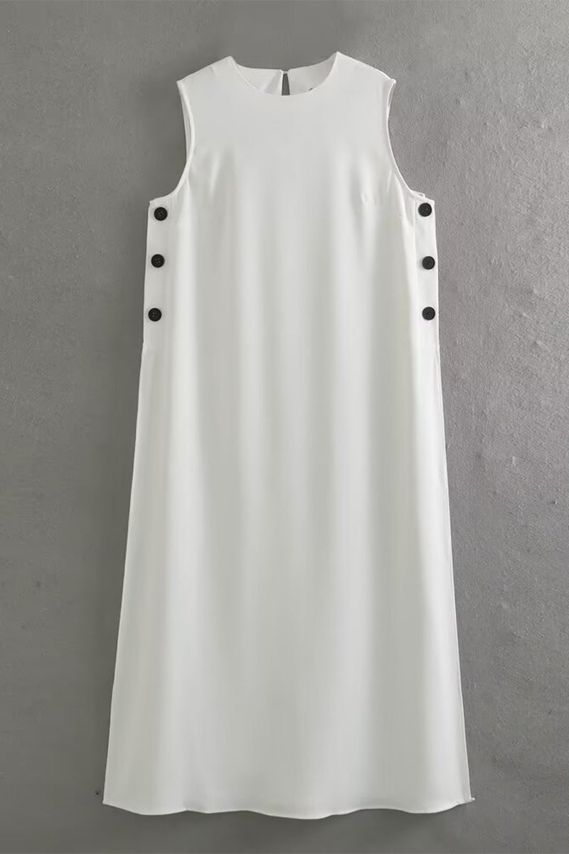 Salomé® | Casual simple solid color sleeveless dresses with slit and O-neck