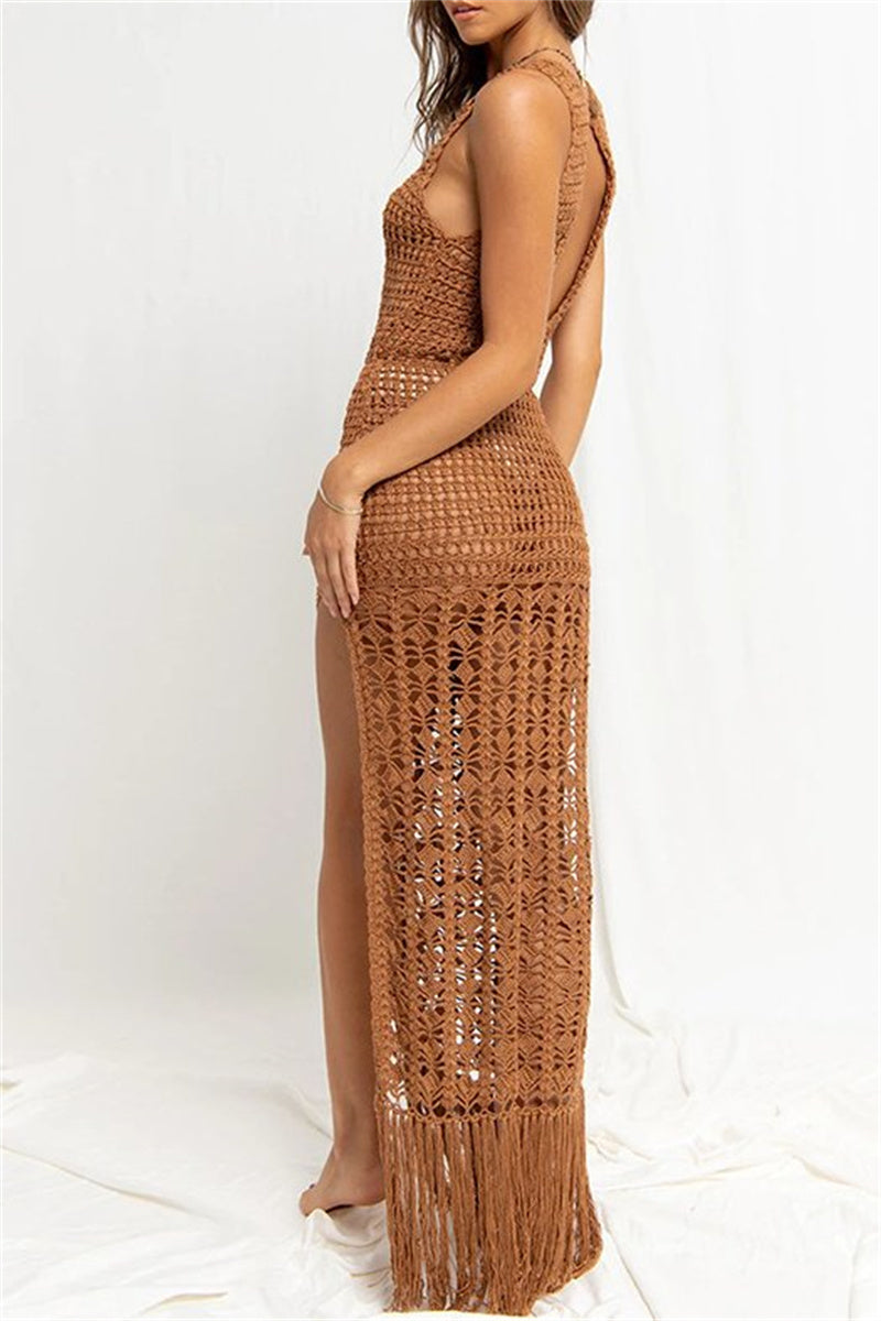 Tamar® | Casual Solid Color Hollow Out Sheer Slit O-Neck Beach Dresses