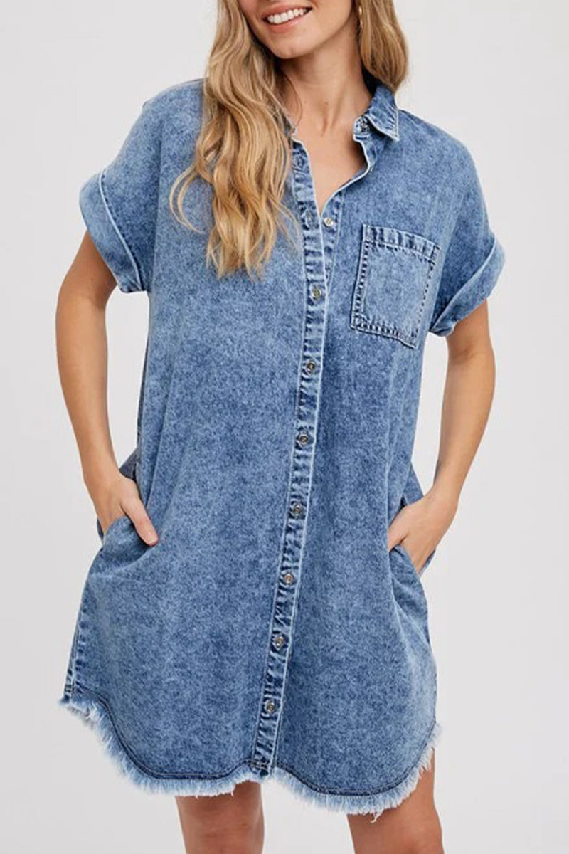 Stella® | Casual solid color loose denim dresses with pockets, turn-down collar and short sleeves