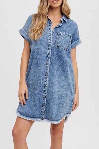 Stella® | Casual solid color loose denim dresses with pockets, turn-down collar and short sleeves