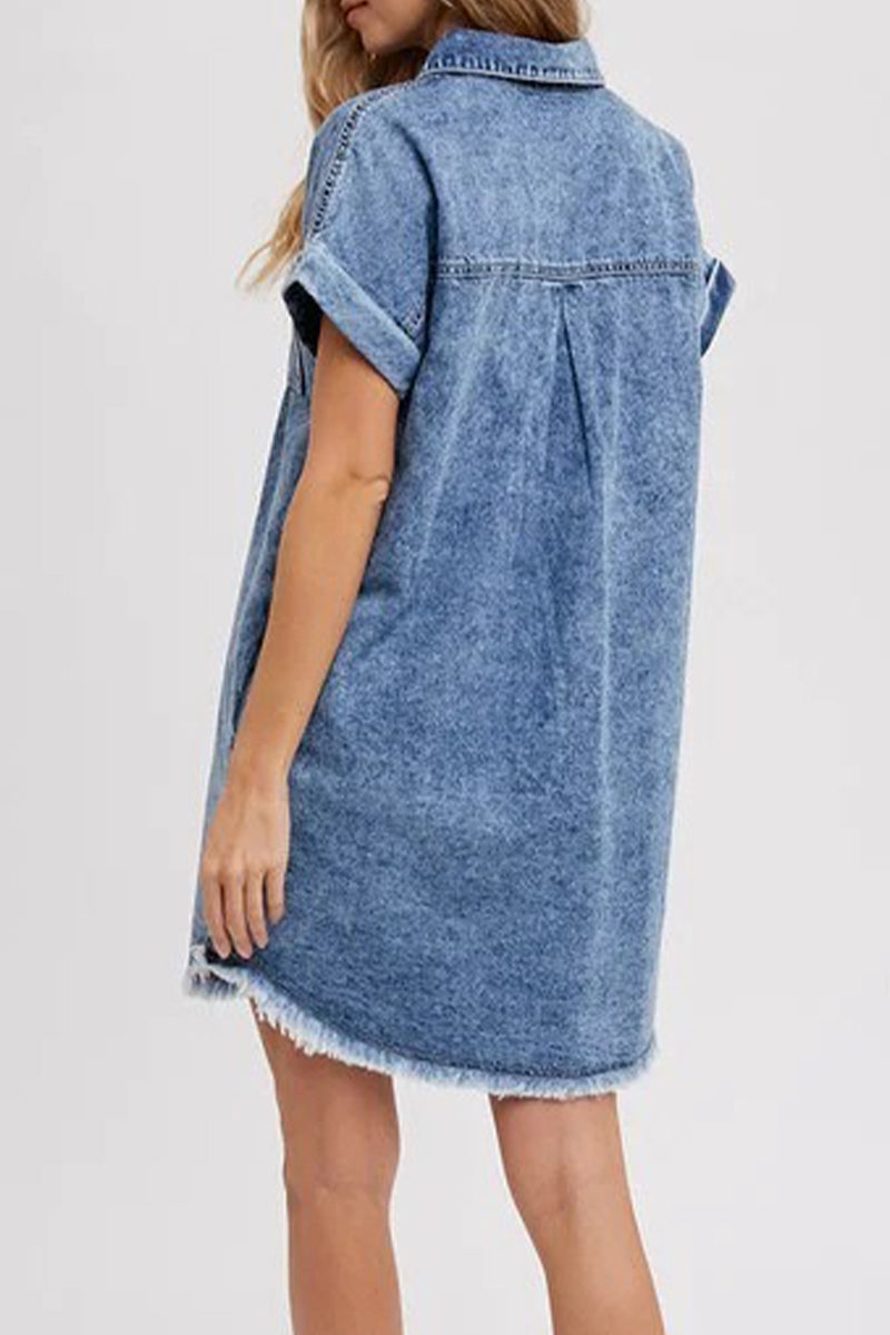 Stella® | Casual solid color loose denim dresses with pockets, turn-down collar and short sleeves