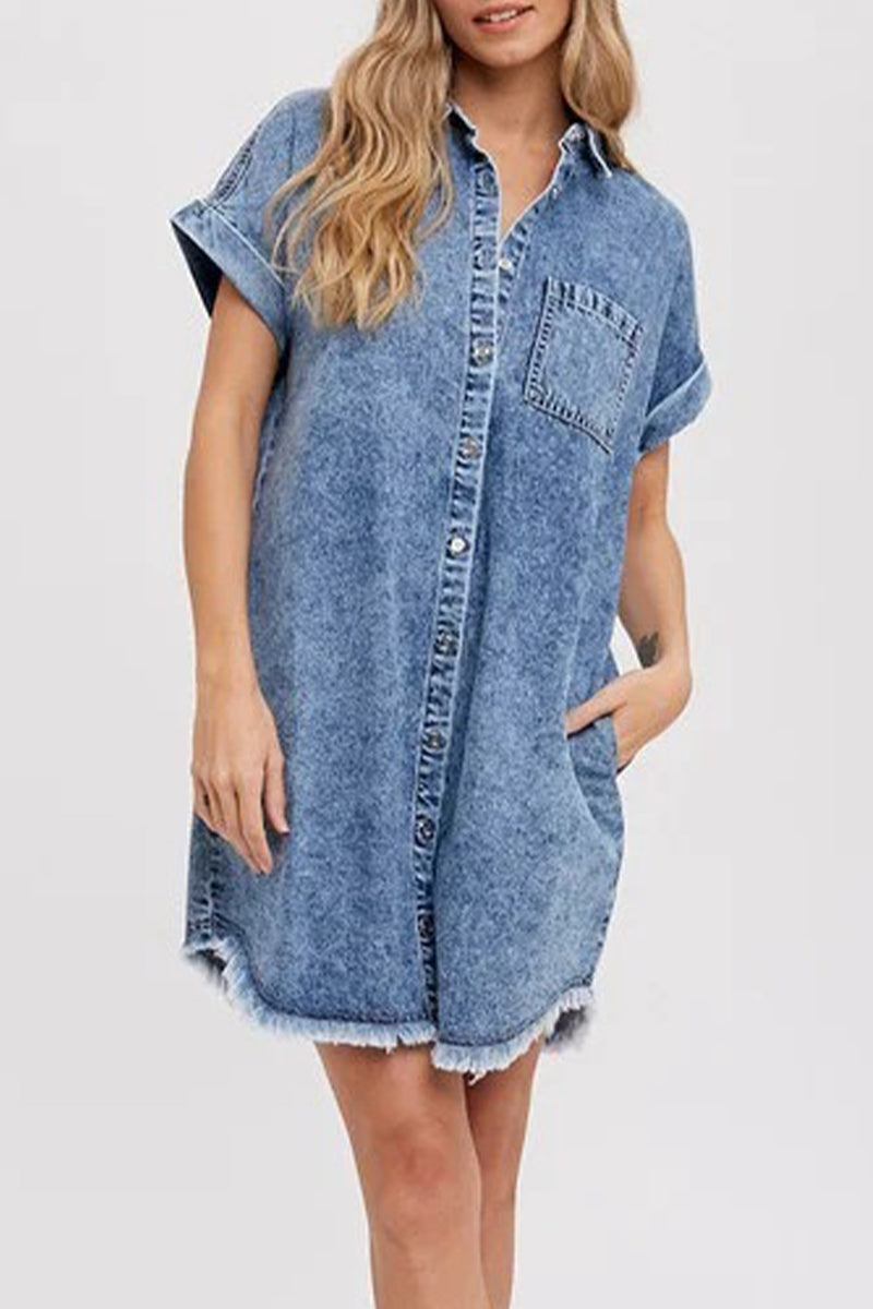 Stella® | Casual solid color loose denim dresses with pockets, turn-down collar and short sleeves