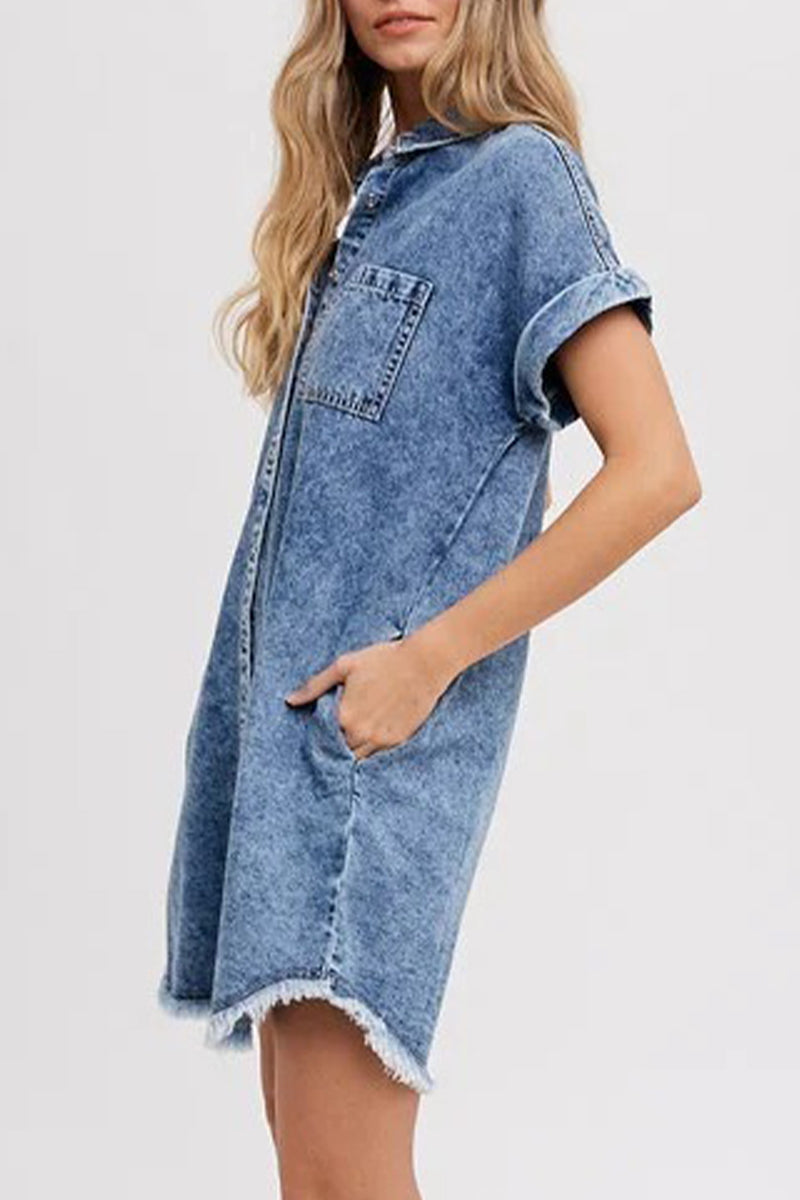 Stella® | Casual solid color loose denim dresses with pockets, turn-down collar and short sleeves