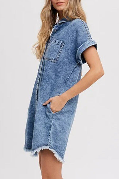Stella® | Casual solid color loose denim dresses with pockets, turn-down collar and short sleeves